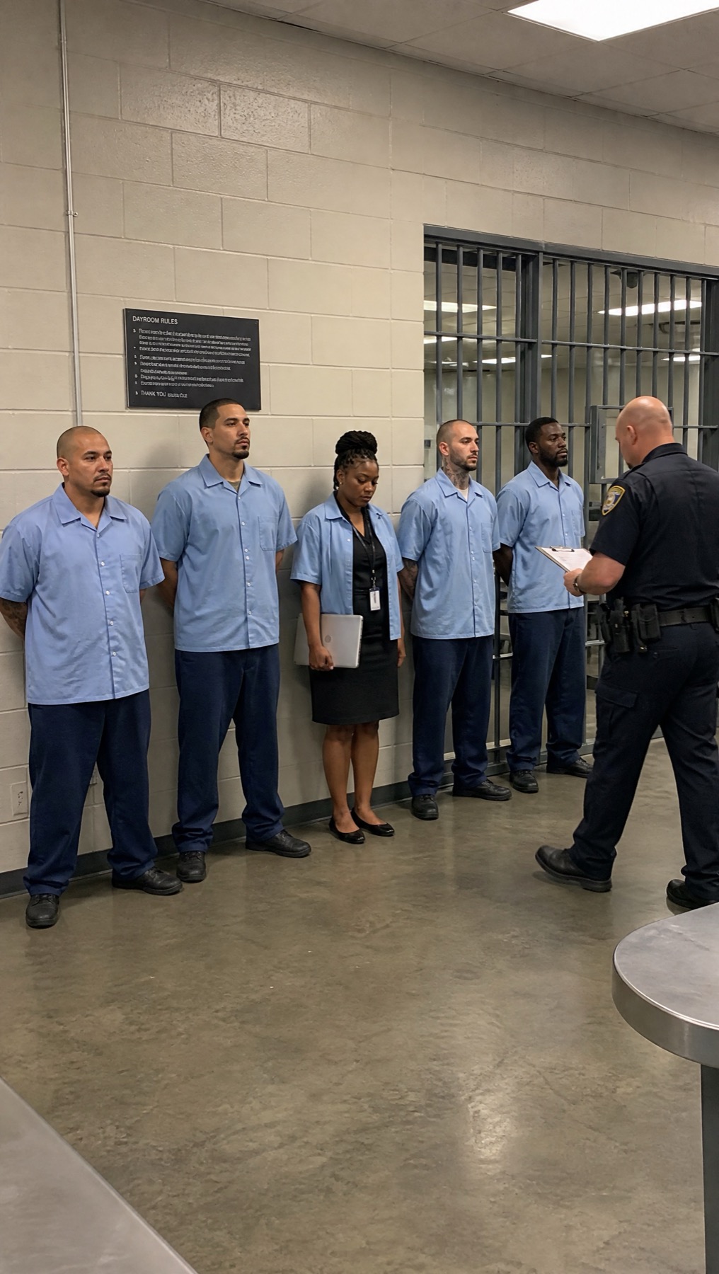 Approved wide view of a formal prison head count with the full line and officer visible