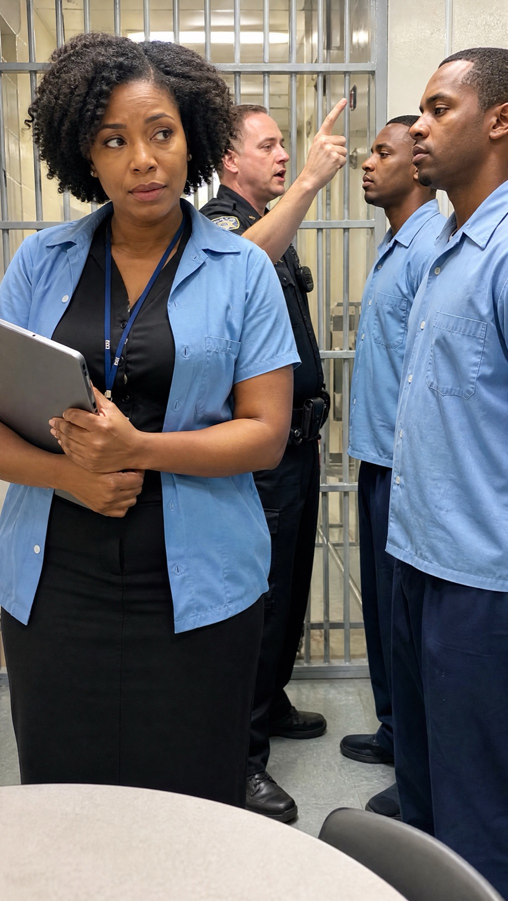 Initial close composition with a conference attendee, inmates, and an officer