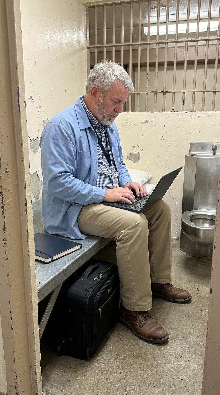 Superseded image of an employee working from a prison bunk in a long-sleeve overshirt