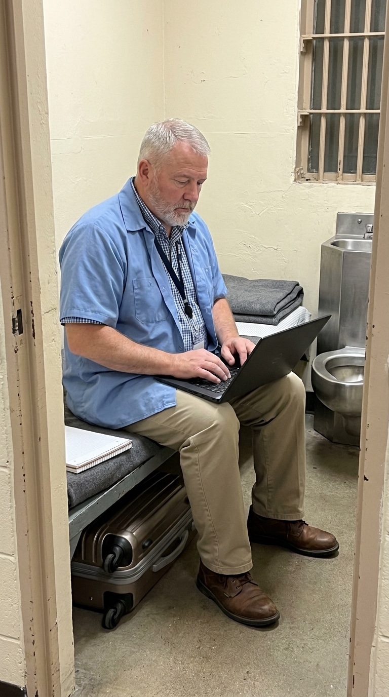 Approved image of an employee working from a prison bunk in a short-sleeve overshirt