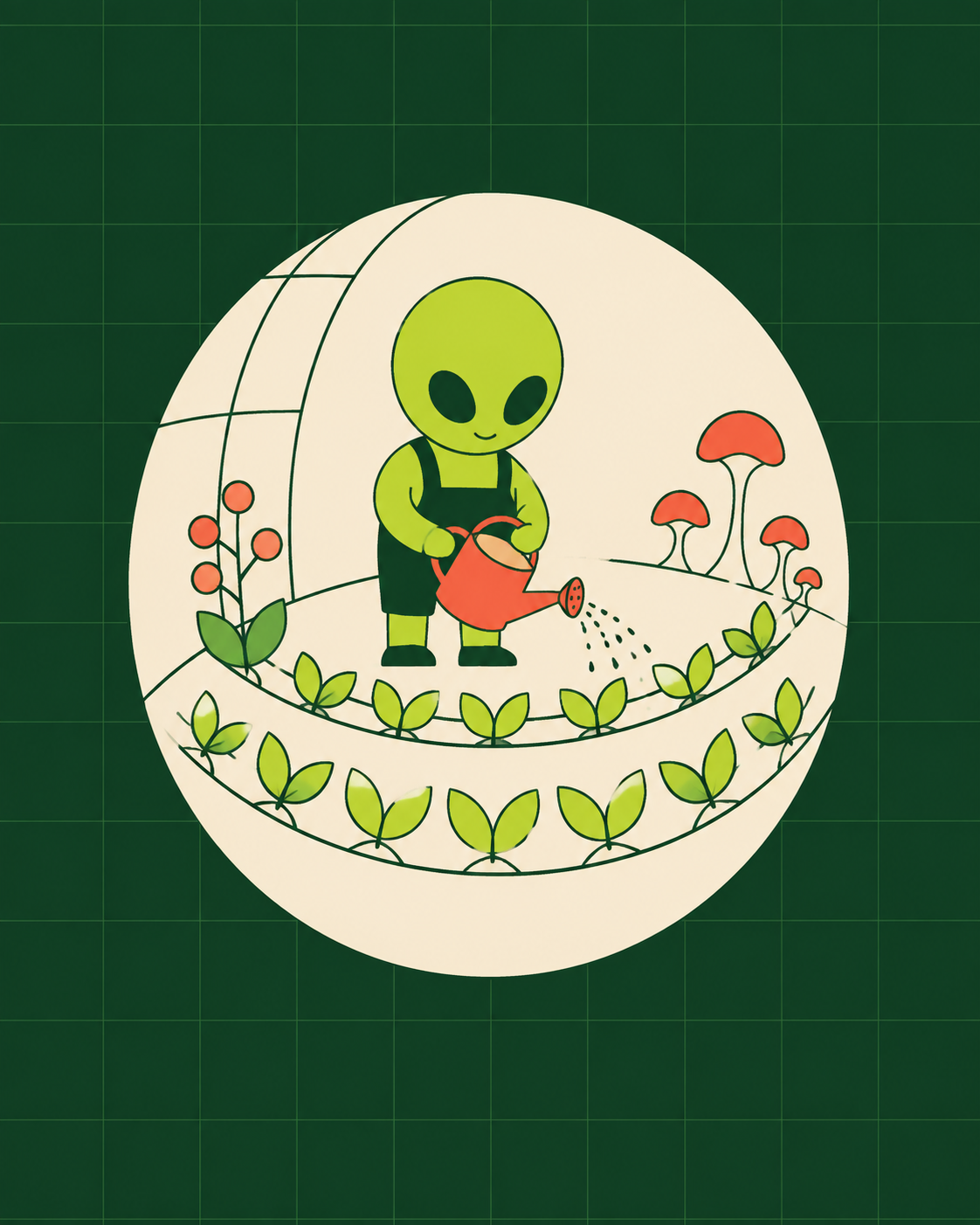 A friendly alien watering crops and mushrooms inside a small planetary greenhouse