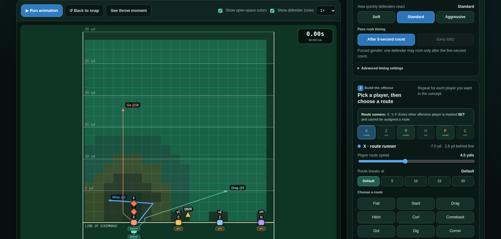 Coverage Breaker situation-based play generator displaying route concepts beside the field